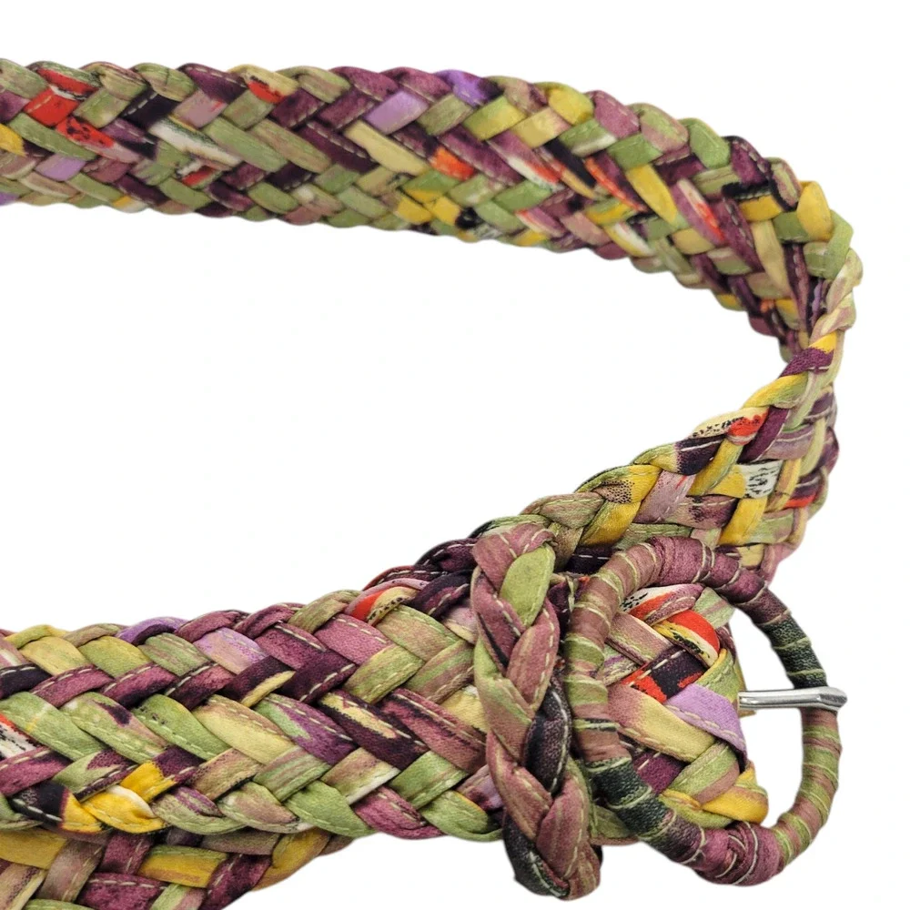 Rainbow Braided Belt Yellow Purple Silky Fabric Woven Large Circle Buckle Large